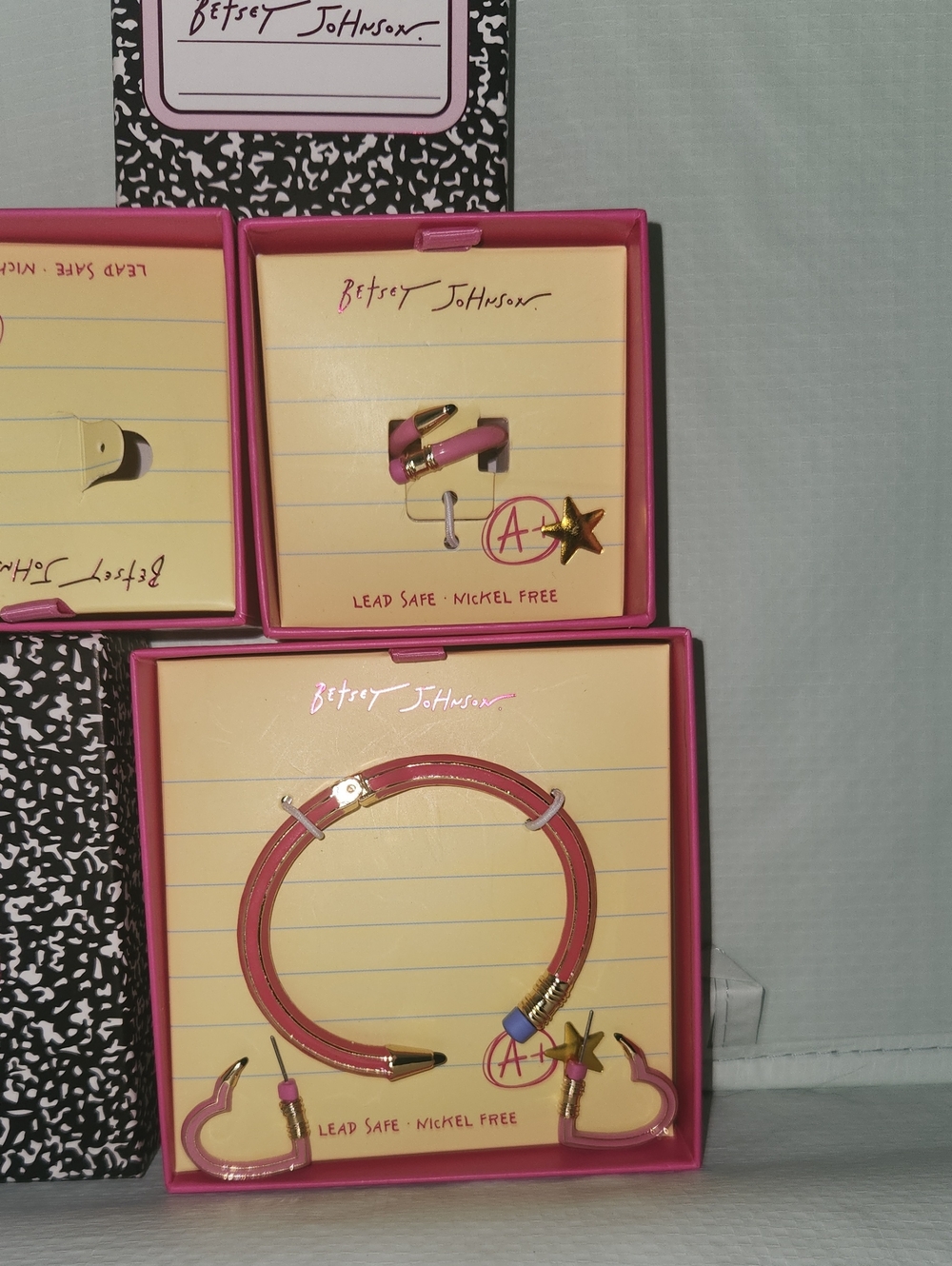 Betsey Johnson Pink Back To School Bangle, Ring + Earrings